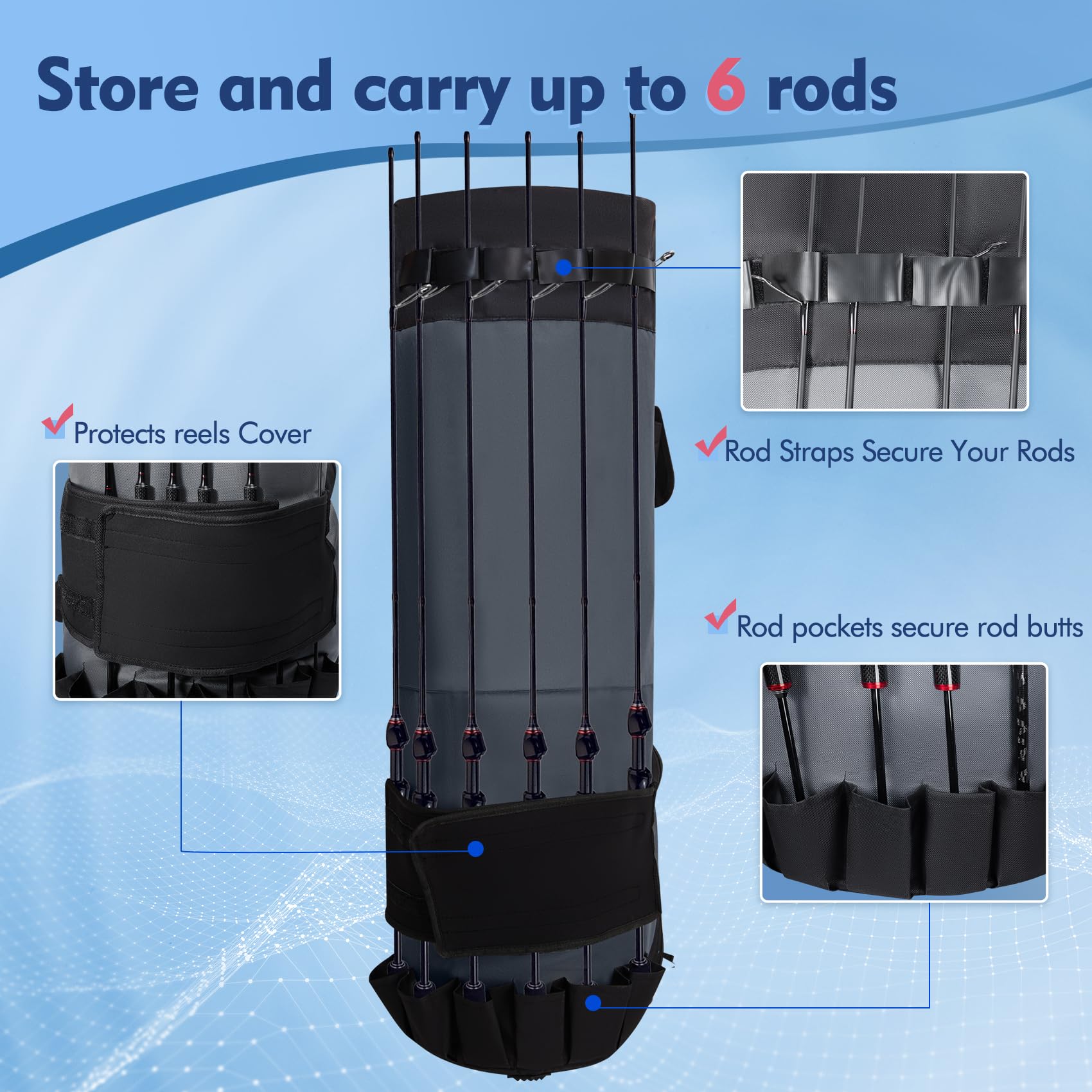 Riverruns Dual-purpose Fishing Rod Bag, fishing pole bag. Foldable 108L Large Storage Case Holds 8 Rods & Reels, Water-resistant Bag for Fishing Gear and Equipment, Ideal for Fishing Enthusiasts Riverruns Dual-purpose Fishing Rod Bag, fishing pole bag. Foldable 108L Large Storage Case Holds 8 Rods & Reels, Water-resistant Bag for Fishing Gear and Equipment, Ideal for Fishing Enthusiasts